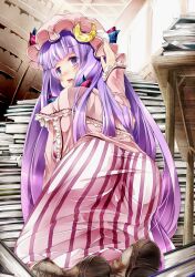  ass blush book bookshelf boots capelet commentary_request crescent crescent_hat_ornament cross-laced_footwear female from_behind hat hat_ornament indoors kneeling lace-up_boots library long_hair looking_back open_mouth patchouli_knowledge purple_eyes purple_hair solo sugiyuu touhou very_long_hair voile wavy_mouth 