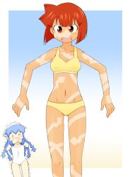  2girls aizawa_eiko angry bikini blue_hair bracelet commentary_request highres ikamusume jewelry long_hair multiple_girls o_o one-piece_swimsuit open_mouth red_eyes red_hair revealing_tanlines sat-c shinryaku!_ikamusume short_hair slim_legs swimsuit tan tanlines tentacle tentacle_hair trembling 