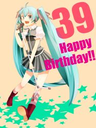  39 aqua_eyes aqua_hair boots commentary_request female full_body happy_birthday hatsune_miku highres kurousagi_(0621kohaku) long_hair microphone microphone_stand open_mouth photoshop_(medium) simple_background skirt solo star_(symbol) twintails very_long_hair vocaloid 