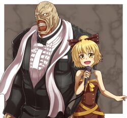  1boy blonde_hair bow commentary_request crossover female formal hairbow handkerchief kurodani_yamame microphone monster nemesis_(resident_evil) no_pupils open_mouth raodekiya resident_evil scarf short_hair simple_background sleeveless stitches straight teeth touhou tuxedo white_eyes yellow_eyes 