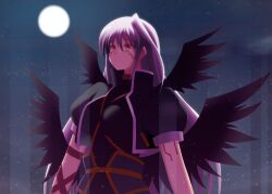  azumaya_hironaru black_wings commentary_request facial_mark female full_moon grey_hair jacket long_hair lyrical_nanoha mahou_shoujo_lyrical_nanoha mahou_shoujo_lyrical_nanoha_a&#039;s mahou_shoujo_lyrical_nanoha_the_movie_2nd_a&#039;s moon red_eyes reinforce solo tears wings 