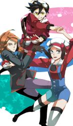  2boys bad_id bad_pixiv_id black_eyes black_hair ethan_(pokemon) female gloves goggles goggles_on_head hat holding holding_poke_ball konno_kanna kris_(pokemon) looking_at_viewer multiple_boys open_mouth orange_hair photoshop_(medium) poke_ball pokemon pokemon_adventures pokemon_hgss silver_(pokemon) thighhighs white_legwear yellow_eyes 