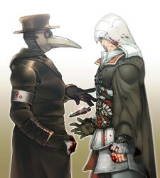  2boys armband armor assassin&#039;s_creed_(series) assassin&#039;s_creed_ii bad_id bad_pixiv_id belt blood blood_on_clothes cape coat doctor ezio_auditore_da_firenze giving gloves gradient_background hat highres hood male_focus mask medicine multiple_boys pauldrons plague_doctor sash shoulder_armor simple_background vambraces zakki 