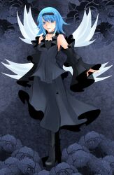  alternate_costume alternate_wings aoshima black_dress blue_eyes blue_hair boots choker cirno commentary detached_sleeves dress female flower hairband highres rose short_hair solo standing touhou wings 