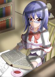  bespectacled blue-framed_eyewear blue_hair book bookshelf bow capelet chair commentary_request cup female glasses highres hinanawi_tenshi long_sleeves nagae_iku open_book plate pot red_eyes scroll shirosuzu short_hair sitting solo table tea teacup touhou window_shadow 