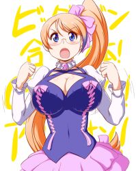  aquarion_(series) aquarion_evol bad_id bad_pixiv_id blue_eyes blush bouncing_breasts bow breasts cleavage commentary_request female glasses huge_breasts long_hair mix_(aquarion) open_mouth orange_hair side_ponytail solo soubee1 very_long_hair 