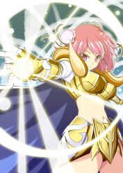  aries_muu aries_muu_(cosplay) armor bikini_armor commentary_request cosplay double_bun female gold_armor gold_saint h-new hair_bun highres ibaraki_kasen midriff navel outstretched_arm photoshop_(medium) pink_eyes pink_hair saint_seiya shiny_skin short_hair smile solo touhou 