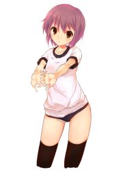  brown_eyes buruma commentary_request cropped_legs female gym_uniform nagato_yuki nanabuluku panties panties_under_buruma panty_peek pantyshot photoshop_(medium) purple_hair short_hair solo standing stretching suzumiya_haruhi_no_yuuutsu thighhighs underwear white_panties 