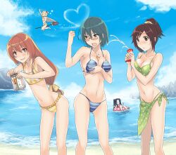  3u 5girls :&lt; :d ^_^ afloat angry anrakutei_kukuru arm_up bad_id bad_pixiv_id bag bare_shoulders beach between_breasts bikini black_hair blonde_hair blush boots bouhatei_tetora breast_hold breast_press breasts broom broom_riding brown_eyes brown_hair buratei_marii cape chikuwa cleavage clenched_hand closed_eyes cloud condensed_milk contrail day double_v elbow_gloves embarrassed flat_chest flying food frilled_bikini frills glasses gloves green_eyes green_hair green_sarong hair_between_eyes hair_ornament hair_ribbon hairclip haroukitei_kigurumi heart holding innertube joshiraku knee_boots kuurubiyuutei_gankyou leaning_forward long_hair looking_at_viewer looking_back lotion low-tied_long_hair messy multiple_girls navel ocean open_mouth outdoors polka_dot ponytail print_sarong raised_fist red_eyes red_hair ribbon sarong scrunchie semi-rimless_eyewear sexually_suggestive short_hair short_ponytail short_twintails sideboob skindentation sky smile sparkle standing string_bikini striped_bikini striped_clothes swim_ring swimsuit tankini twintails unaligned_breasts under-rim_eyewear underboob v very_long_hair waving white_gloves 