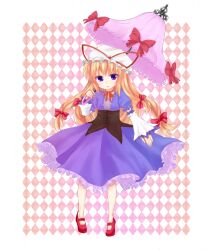  bad_id bad_pixiv_id blonde_hair curiosities_of_lotus_asia detached_sleeves female hat hat_ribbon highres long_hair makou_makou open_mouth puffy_sleeves purple_eyes ribbon solo touhou umbrella yakumo_yukari 