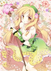  atelier_(series) atelier_ayesha ayesha_altugle bad_id bad_pixiv_id blonde_hair breasts dress female green_skirt hair_ornament long_hair looking_at_viewer medium_breasts mizuse_kiseki photoshop_(medium) skirt solo staff strap_slip yellow_eyes 