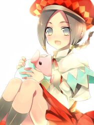  :d black_hair capcom female grey_eyes guild_sweetheart har monster_hunter monster_hunter_3 open_mouth pig poogie skirt smile socks 