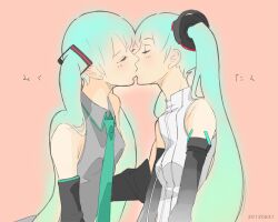  2girls aqua_hair bare_shoulders blush character_name closed_eyes commentary_request dated detached_sleeves dual_persona hatsune_miku hatsune_miku_(append) kissing long_hair moiton multiple_girls necktie selfcest simple_background twintails vocaloid vocaloid_append yuri 