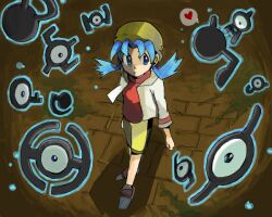  alternate_form aqua_outline ashiwaza_(0638) bad_link big_hair blue_eyes blue_hair breasts closed_mouth curious dark female from_above hat heart kris_(pokemon) light_blue_hair oekaki outline perspective pokemon pokemon_(creature) pokemon_gsc ruins shadow small_breasts speech_bubble spoken_heart surrounded twintails unown unown_a unown_d unown_e unown_h unown_i unown_j unown_l unown_n unown_q unown_v unown_z vignetting 