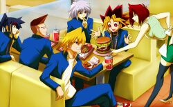  5boys :d apron bad_id bad_pixiv_id bakura_ryou black_hair black_legwear blonde_hair breasts brown_hair burger chains cheese chicken_nuggets closed_eyes drink drinking_straw eating female food french_fries grey_hair hand_on_own_face high_heels honda_hiroto jonouchi_katsuya lettuce mazaki_anzu medium_breasts multicolored_hair multiple_boys muto_yugi open_mouth otogi_ryuuji red_eyes shoes sitting smile soda thighhighs tomato uma_(signal4b4n0) yu-gi-oh! yu-gi-oh!_duel_monsters 