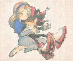  1boy aoki_(fumomo) bad_id bad_pixiv_id blonde_hair blue_eyes female furry furry_male furry_with_non-furry hairband hug hug_from_behind interspecies layered_sleeves maria_robotnik shadow_the_hedgehog sitting skirt sonic_(series) straight 