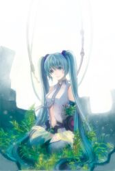  aqua_eyes aqua_hair bad_id bad_pixiv_id female hatsune_miku hatsune_miku_(append) head_tilt long_hair necktie sato_ichi seiza sitting solo thighhighs twintails very_long_hair vocaloid vocaloid_append 