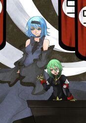  2girls aged_up alternate_costume alternate_hairstyle aoshima arm_support armband blue_eyes blue_hair choker cirno commentary_request daiyousei detached_sleeves gauntlets hairband highres jacket lectern military military_uniform multiple_girls no_wings open_mouth short_hair touhou uniform 