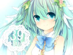  39 aqua_eyes aqua_hair bad_id bad_pixiv_id closed_mouth female flower hair_flower hair_ornament hatsune_miku highres leeannpippisum long_hair looking_at_viewer smile solo twintails upper_body vocaloid 