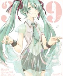  39 akimo_(cb21) commentary_request dated female green_eyes green_hair hair_ribbon hatsune_miku long_hair necktie photoshop_(medium) ribbon see-through skirt_hold solo thigh_gap twintails very_long_hair vocaloid 