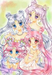  4girls bad_id bad_pixiv_id bare_shoulders bishoujo_senshi_sailor_moon bishoujo_senshi_sailor_moon_(first_season) bishoujo_senshi_sailor_moon_stars blue_eyes blush chibi_chibi chibi_usa cone_hair_bun crescent crescent_facial_mark dress drill_hair earrings facial_mark forehead_mark hair_bun hair_ornament hairpin heart heart_hair_bun heart_hair_ornament jewelry long_hair multiple_girls neck necklace photoshop_(medium) pink_hair princess_serenity queen_serenity red_eyes sailor_cosmos shoukichi_usagi small_lady_serenity smile star_(symbol) star_facial_mark strapless strapless_dress tsukino_usagi twin_drills twintails wand white_hair 