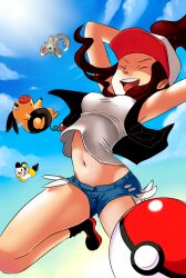  baseball_cap blue_shorts commentary_request emolga exposed_pocket female girapin hat highres hilda_(pokemon) minccino poke_ball poke_ball_(basic) pokemon pokemon_(creature) pokemon_bw ponytail shorts tepig 