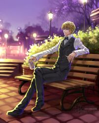  1boy artist_name bench blonde_hair bow bowtie can cigarette closed_eyes commentary durarara!! heiwajima_shizuo kagalin lamppost male_focus night pavement sitting smile solo sunglasses vest waistcoat watermark web_address yellow_eyes 