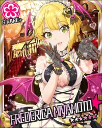  :d artist_request black_gloves blonde_hair breasts card_(medium) center_opening character_name corset dress female flower flower_(symbol) gloves green_eyes hair_ornament headdress idolmaster idolmaster_cinderella_girls medium_breasts miyamoto_frederica official_art open_mouth outstretched_hand smile solo wings 