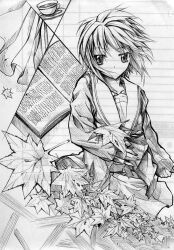  commentary_request female greyscale kita_high_school_uniform kyougoku_touya leaf monochrome nagato_yuki school_uniform serafuku short_hair solo suzumiya_haruhi_no_yuuutsu traditional_media winter_uniform 