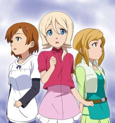  3girls aqua_eyes belt blonde_hair blue_eyes brown_hair collarbone commentary_request dress emily_armond gundam gundam_age ikari_manatsu light_brown_hair long_hair multiple_girls no_legwear open_mouth photoshop_(medium) ribbon romary_stone sidelocks standing time_paradox vest wendy_hearts 