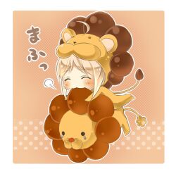  ^_^ ahoge animal_costume artoria_pendragon_(fate) bad_id bad_pixiv_id biting blonde_hair blush chibi closed_eyes commentary_request fate/tiger_colosseum fate_(series) female lion lion_costume mister_donut pon_de_lion saber_lion serino_itsuki solid_circle_eyes tears 