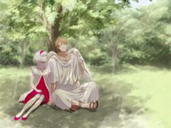  1boy ancient_greek_clothes angel angel_wings bare_shoulders blonde_hair blue_eyes bob_cut chiton cis_(tiger_&amp;_bunny) commentary_request couple dress female greco-roman_clothes hairband keith_goodman kimagure3pm sandals shade short_hair straight tiger_&amp;_bunny tree white_hair wings 