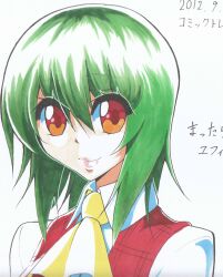  absurdres ascot bad_id bad_pixiv_id dress_shirt female green_hair highres kazami_yuuka mattari_yufi plaid plaid_vest red_eyes shikishi shirt short_hair smile solo touhou traditional_media upper_body vest 