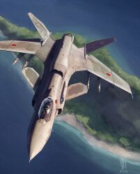  2012 ace_combat ace_combat_assault_horizon aircraft airplane asf-x_shinden_ii commentary_request fighter_jet highres island japan jet military military_vehicle missile no_humans ocean photoshop_(medium) pilot_suit pvtskwerl realistic science_fiction signature solo vehicle_focus 