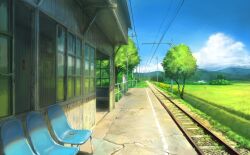  bad_id bad_pixiv_id building chair cloud commentary_request day field grass no_humans original outdoors photoshop_(medium) railroad_tracks real_world_location realistic scenery sky train_station tree you_shimizu 