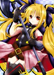  ahoge arm_strap armor asymmetrical_gloves bardiche_(bullova_form)_(nanoha) bardiche_(nanoha) belt black_gloves black_thighhighs blonde_hair breasts buckle cape checkered_background commentary_request cowboy_shot dutch_angle fate_testarossa fate_testarossa_(lightning_form)_(2nd) female floating_hair gloves hair_ribbon halberd halterneck holding holding_weapon leotard long_hair looking_at_viewer loose_belt lyrical_nanoha magical_girl mahou_shoujo_lyrical_nanoha mahou_shoujo_lyrical_nanoha_a&#039;s mahou_shoujo_lyrical_nanoha_the_movie_2nd_a&#039;s manabu miniskirt parted_lips pleated_skirt polearm red_eyes ribbon shadow showgirl_skirt sidelocks skirt small_breasts solo thighhighs turtleneck twintails uneven_gloves vambraces very_long_hair weapon 