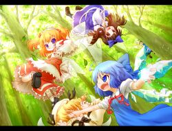  5girls :d arinu blonde_hair blue_eyes blue_hair brown_eyes cirno commentary_request daiyousei dress green_hair grin hair_bobbles hair_ornament ice ice_wings in_the_face letterboxed luna_child multiple_girls open_mouth orange_hair outstretched_arm punching short_hair smile star_sapphire sunny_milk touhou twintails wings yousei_daisensou 