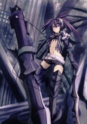  armor belt black_hair black_rock_shooter boots chains dual_wielding female glowing greaves highres insane_black_rock_shooter long_hair midriff navel purple_eyes shorts solo thighhighs twintails uneven_twintails weapon 