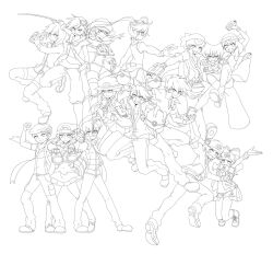  bad_id barry_(pokemon) blue_oak brendan_(pokemon) dawn_(pokemon) emerald_(pokemon) ethan_(pokemon) green_(pokemon) greyscale hana_(mew) highres hilbert_(pokemon) hilda_(pokemon) kris_(pokemon) line_art lucas_(pokemon) may_(pokemon) monochrome multiple_boys multiple_girls pokemon pokemon_adventures red_(pokemon) silver_(pokemon) yellow_(pokemon) 