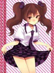  74_(teduka) blush brown_eyes brown_hair checkered_clothes checkered_skirt commentary_request curtsey female himekaidou_hatate long_hair necktie puffy_sleeves short_sleeves skirt skirt_hold solo touhou twintails 