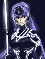  bad_link bodysuit breasts crossover drawfag female helmet long_hair neon_trim polearm purple_eyes purple_hair rance_(series) sengoku_rance senhime solo spear tron tron:_legacy weapon 