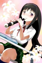  ace_rocket akemi_homura black_hair blowing blush commentary_request desk female female_pervert flower flute hairband highres holding holding_flute holding_instrument instrument lily_(flower) long_hair mahou_shoujo_madoka_magica mahou_shoujo_madoka_magica_(anime) music no_legwear pervert photoshop_(medium) plaid playing_instrument purple_eyes recorder school_uniform sitting skirt smile solo 