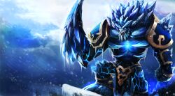  armor bad_id bad_pixiv_id belt blue_eyes crystal dopey_(dopq) glowing glowing_eyes ice league_of_legends malphite no_humans pauldrons shoulder_armor snow solo 