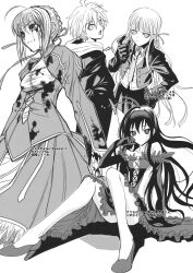  1boy 3girls accel_world ahoge artoria_pendragon_(fate) bare_legs blood blood_on_face braid breasts cleavage cleavage_cutout clothing_cutout crossover danganronpa:_trigger_happy_havoc danganronpa_(series) doujinshi fate/zero fate_(series) french_braid gloves greyscale hair_bun hairband hands_in_pockets high_heels highres hiroe_rei hood hoodie kirigiri_kyoko kuroyukihime long_hair long_legs medium_breasts monochrome multiple_crossover multiple_girls naegi_makoto saber_(fate) shoes short_hair single_hair_bun sitting small_breasts translation_request twin_braids 