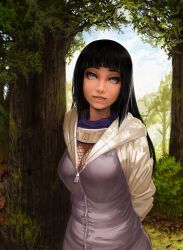  anokorok arms_behind_back bad_deviantart_id bad_id black_hair breasts byakugan cleavage female fishnets forest highres hood hoodie hyuuga_hinata large_breasts lips long_hair naruto_(series) naruto_shippuuden nature nose realistic smile white_eyes 