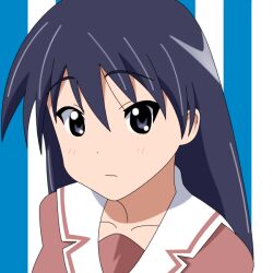  :/ azumanga_daioh&#039;s_school_uniform azumanga_daiou black_eyes black_hair blush collarbone commentary_request female k-on! long_hair looking_at_viewer parody pink_serafuku pink_shirt sakaki_(azumanga_daioh) school_uniform serafuku shirt simple_background solo style_parody upper_body winter_uniform yagyuu_tomoe 