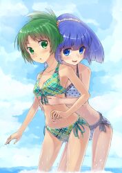  2girls :d aoki_reika bikini blue_eyes blue_hair blush commentary_request green_eyes green_hair highres hug hug_from_behind looking_at_another midorikawa_nao multiple_girls navel open_mouth plaid plaid_bikini polka_dot polka_dot_bikini polka_dot_swimsuit precure smile smile_precure swimsuit thigh_gap touboku water wet wide_ponytail 