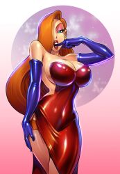  breasts disney elbow_gloves female gloves hair_over_one_eye huge_breasts jessica_rabbit lipstick long_hair makeup reiq shiny shiny_clothes solo thighhighs who_framed_roger_rabbit 