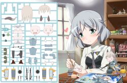  art_brush bad_id blush box character_doll eila_ilmatar_juutilainen female green_eyes grey_hair heart hi-ho- indoors model model_building model_kit necktie paintbrush pantyhose room sanya_v._litvyak short_hair solo sprue strike_witches tonttu uniform window world_witches_series 