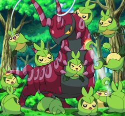  &gt;_&lt; :&lt; battle closed_eyes forest nature no_humans pokemoa pokemon pokemon_(creature) scolipede swadloon tree 